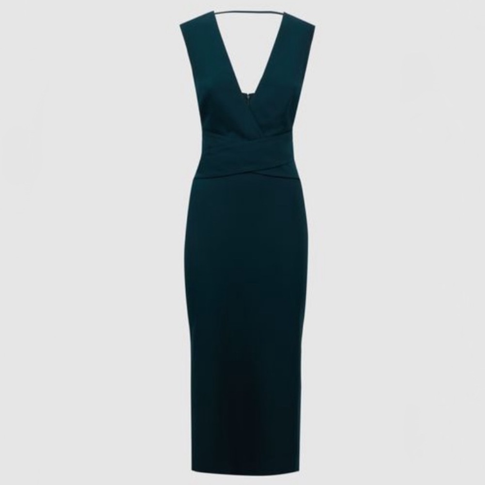 New REISS Jayla Fitted Wrap Design Midi Dress in Teal Size 10 US / 14 UK
